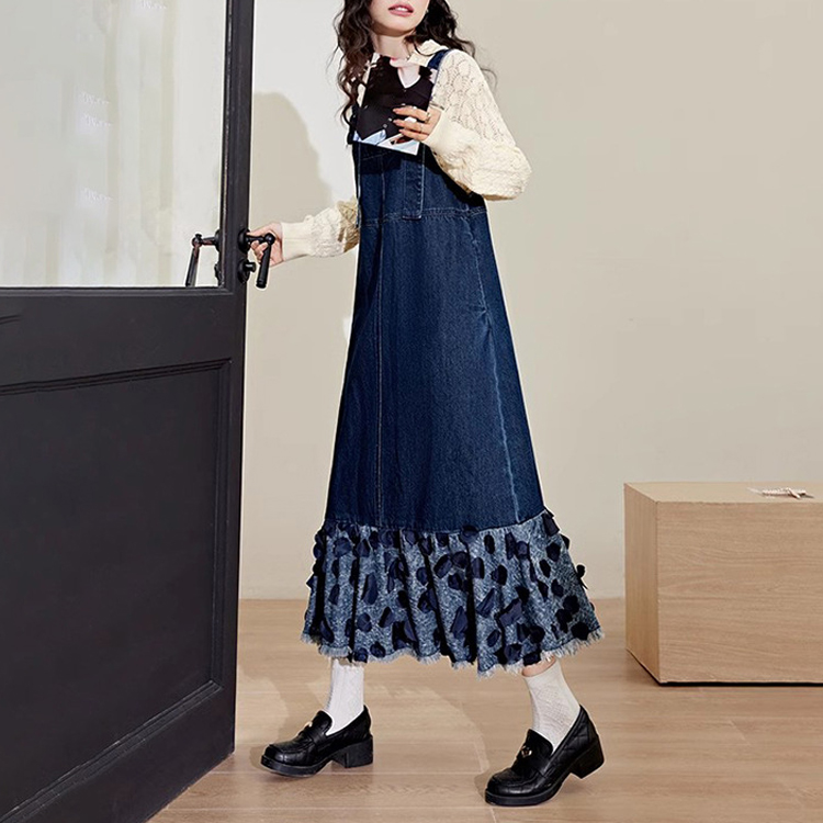 牛仔魚尾背心拼接背帶連衣裙