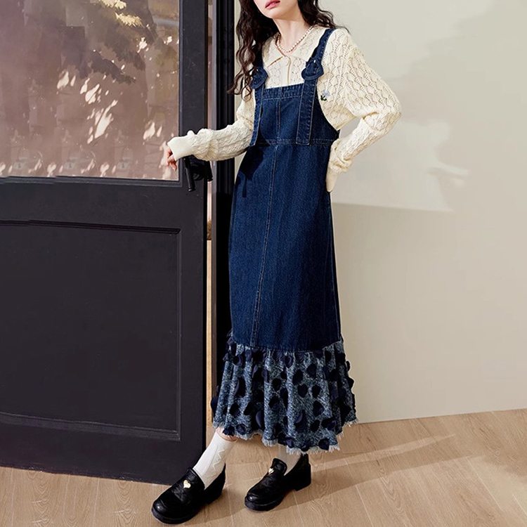 牛仔魚尾背心拼接背帶連衣裙