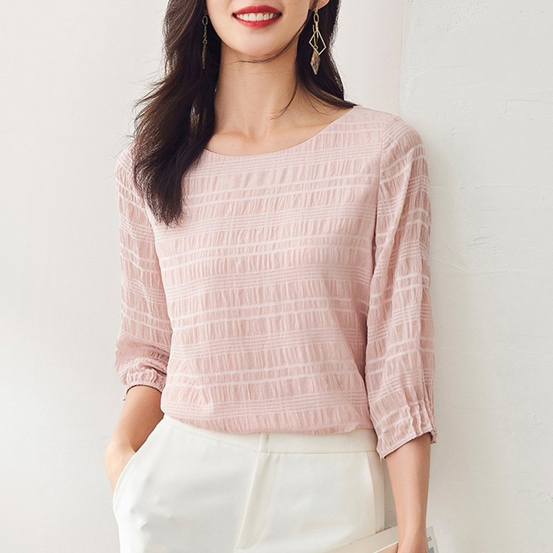 甜美條紋圓領七分袖雪紡衫