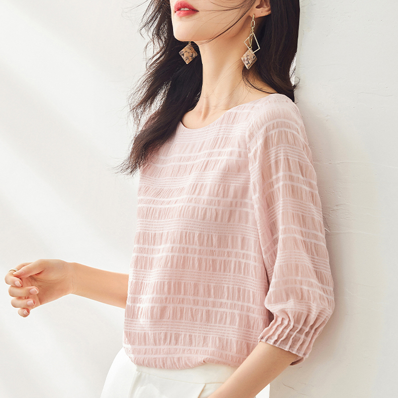 甜美條紋圓領七分袖雪紡衫