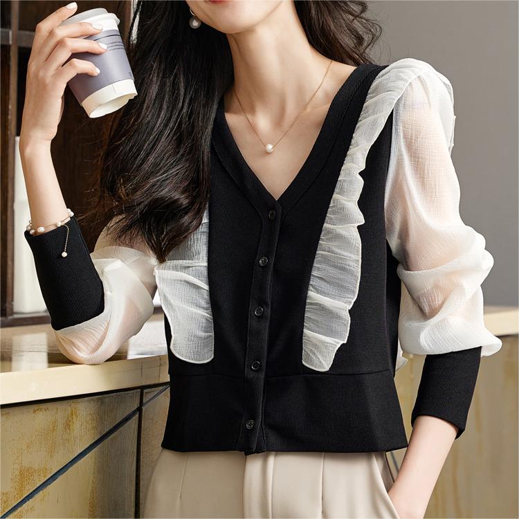 韓系V領拼接溫柔雪紡衫