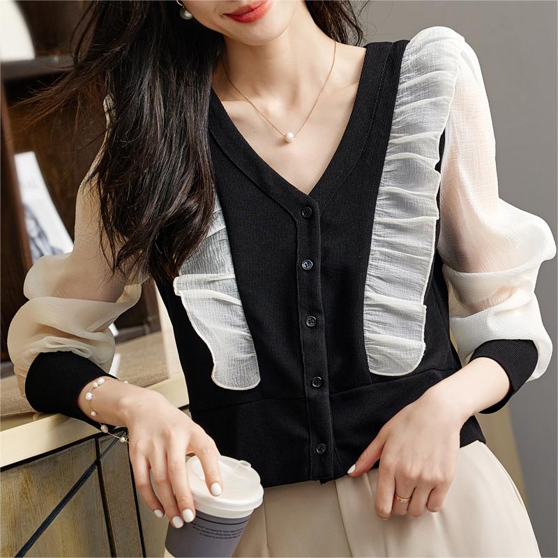 韓系V領拼接溫柔雪紡衫