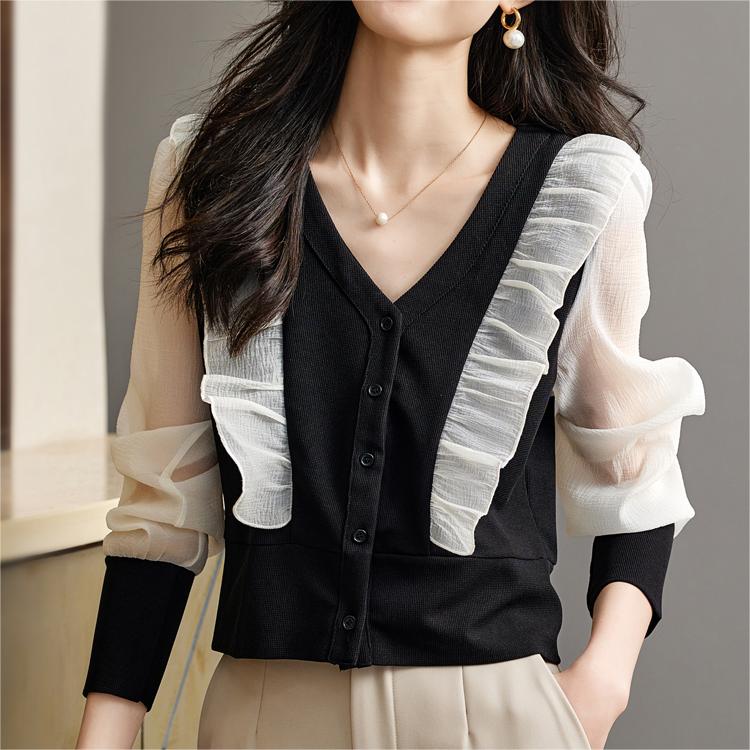 韓系V領拼接溫柔雪紡衫