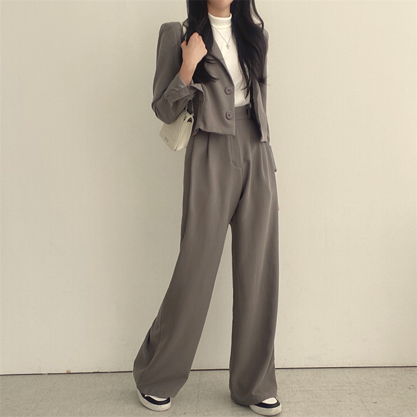 氣質短版西裝外套+休閒寬鬆高腰長褲套裝（分開訂購）