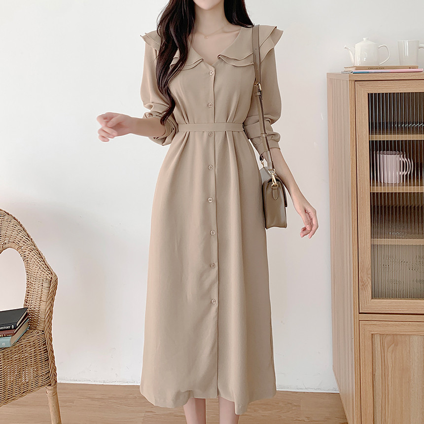 氣質荷葉大翻領單排扣繫帶收腰連身裙
