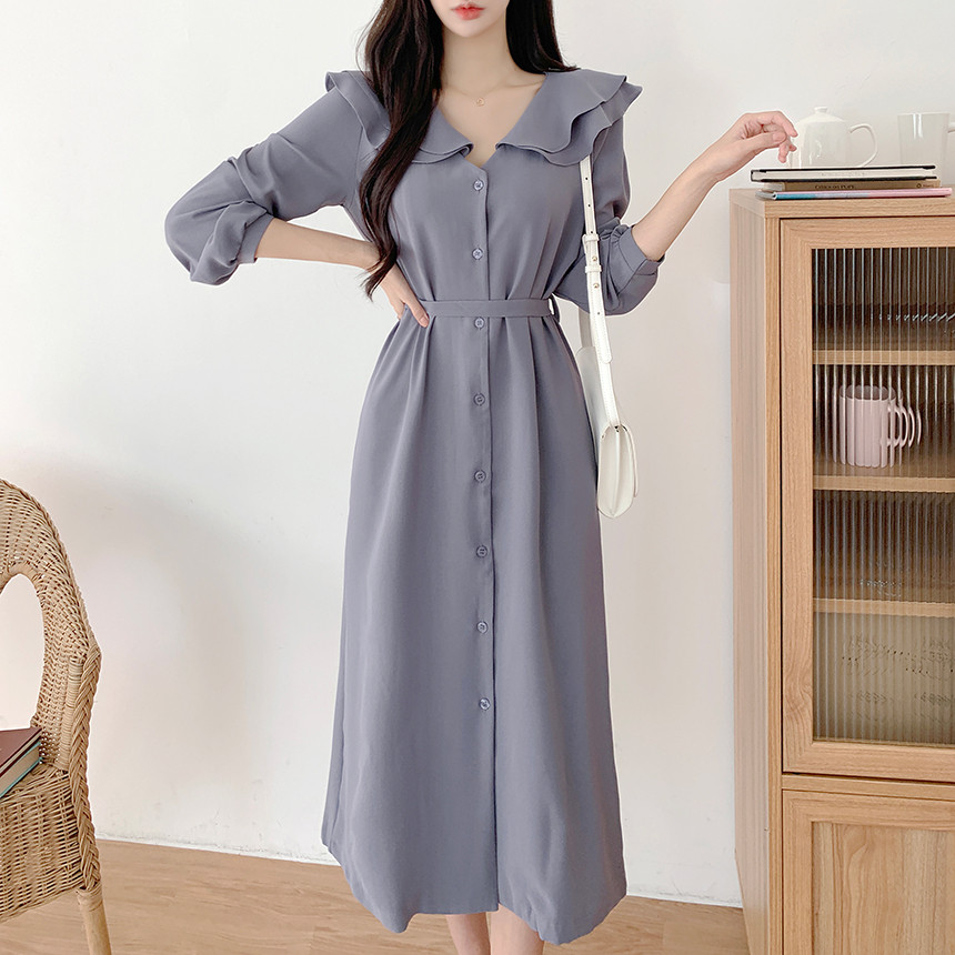 氣質荷葉大翻領單排扣繫帶收腰連身裙