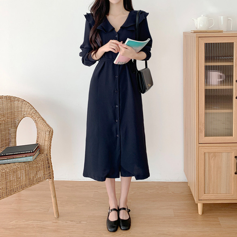 氣質荷葉大翻領單排扣繫帶收腰連身裙