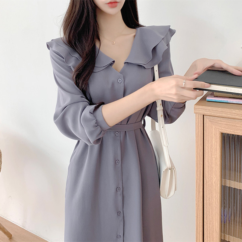 氣質荷葉大翻領單排扣繫帶收腰連身裙