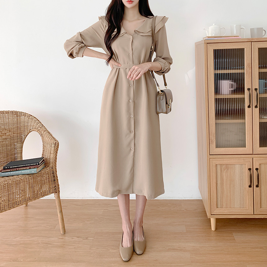 氣質荷葉大翻領單排扣繫帶收腰連身裙