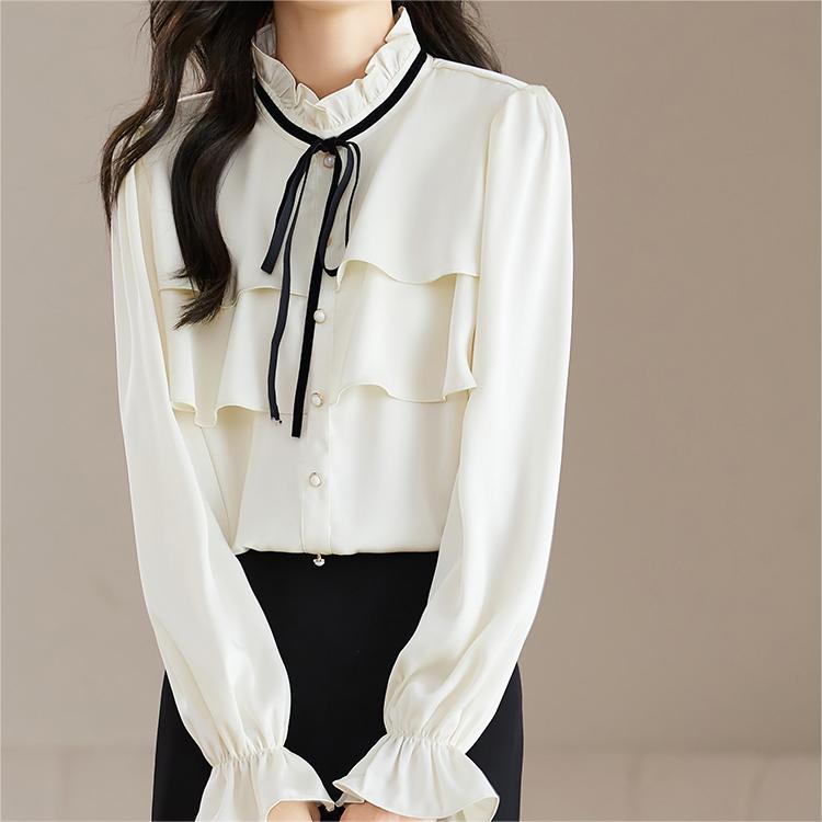 設計感喇叭袖立領荷葉邊雪紡襯衫