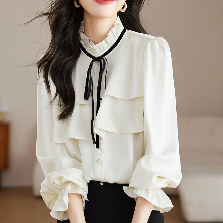 設計感喇叭袖立領荷葉邊雪紡襯衫