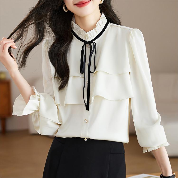 設計感喇叭袖立領荷葉邊雪紡襯衫