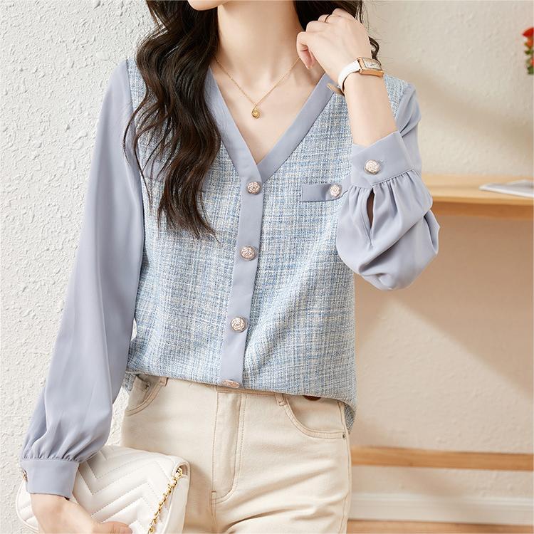 小香風拼色V領長袖襯衫