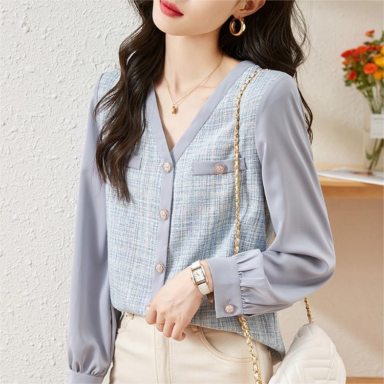 小香風拼色V領長袖襯衫