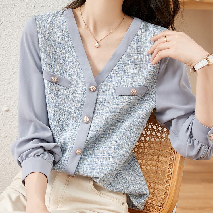 小香風拼色V領長袖襯衫