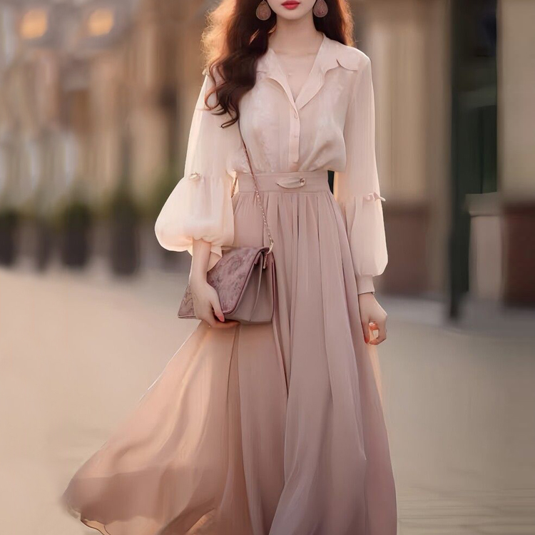 小香風燈籠袖襯衫+飄逸半裙套裝