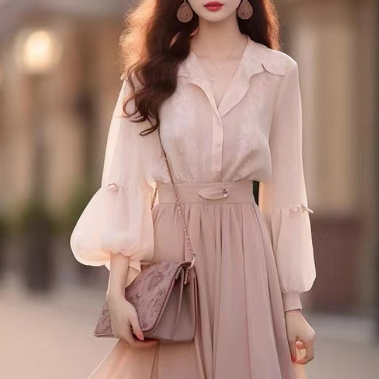 小香風燈籠袖襯衫+飄逸半裙套裝