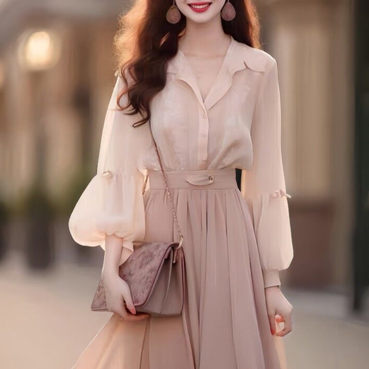 小香風燈籠袖襯衫+飄逸半裙套裝