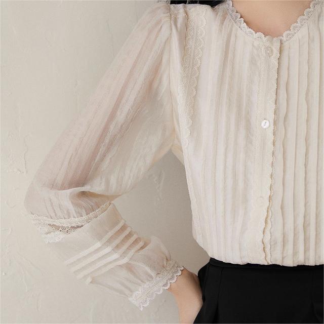 設計感燈籠袖蕾絲蕾絲花邊長袖襯衫