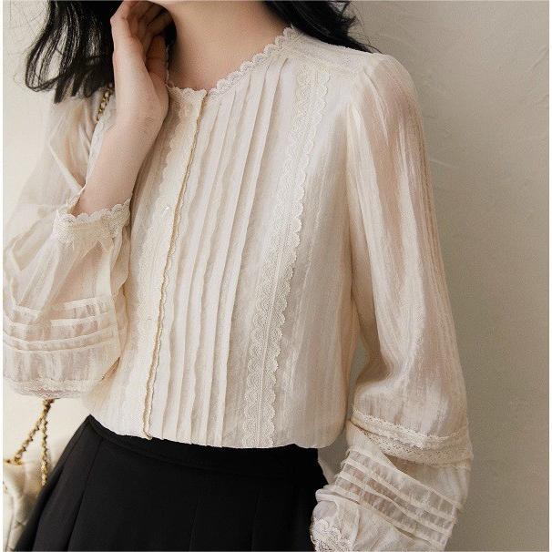 設計感燈籠袖蕾絲蕾絲花邊長袖襯衫