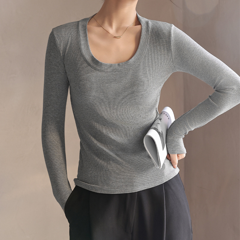 百搭純色大圓領長袖正肩打底衫