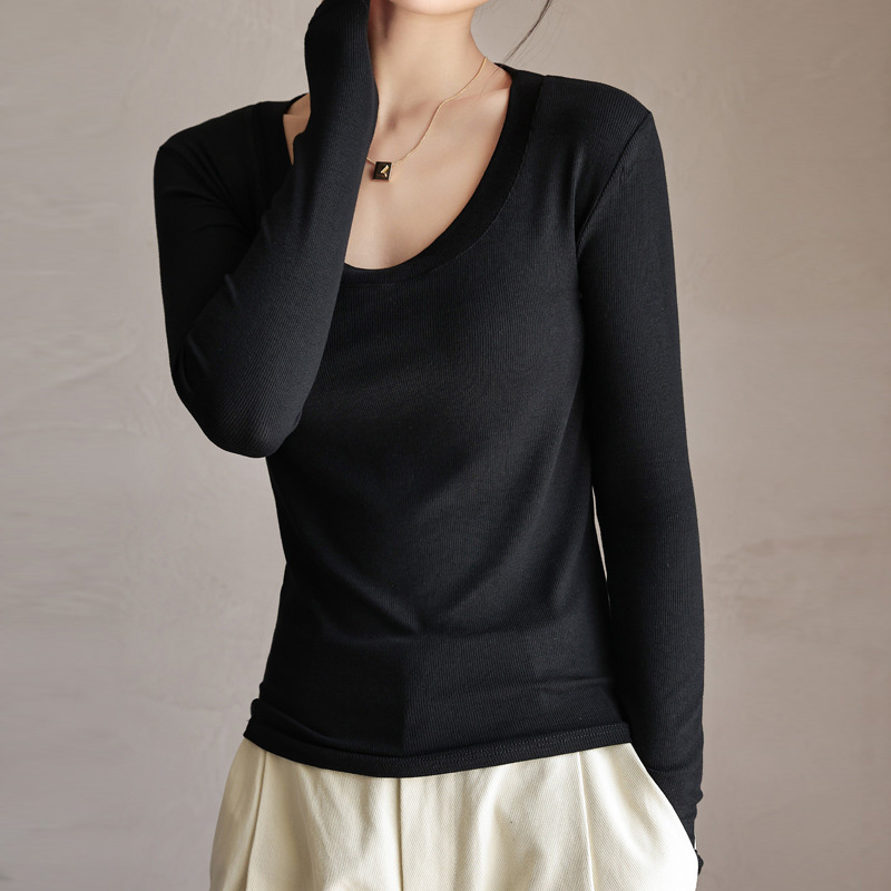 百搭純色大圓領長袖正肩打底衫