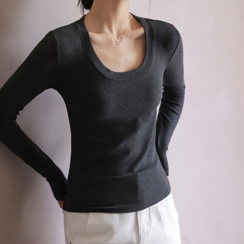 百搭純色大圓領長袖正肩打底衫