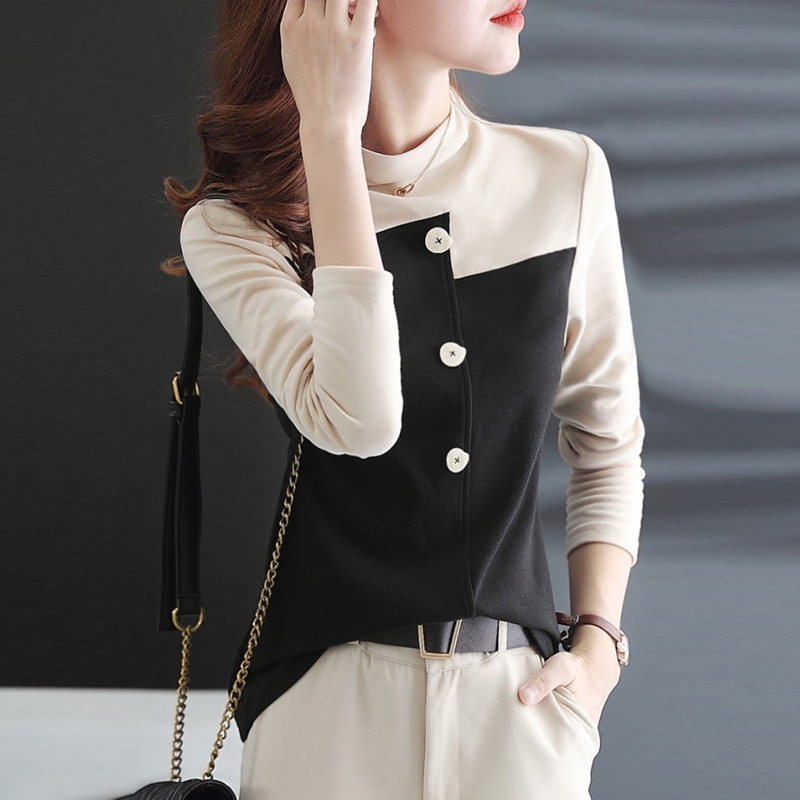 設計感別緻撞色拼接不對稱打底衫