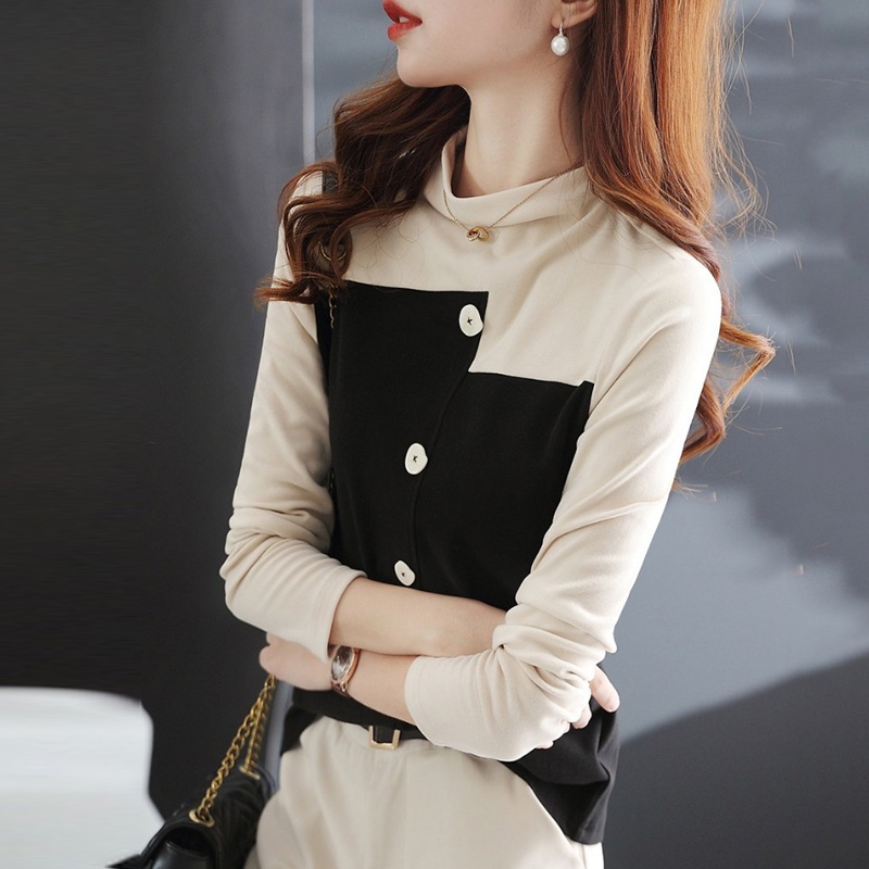 設計感別緻撞色拼接不對稱打底衫