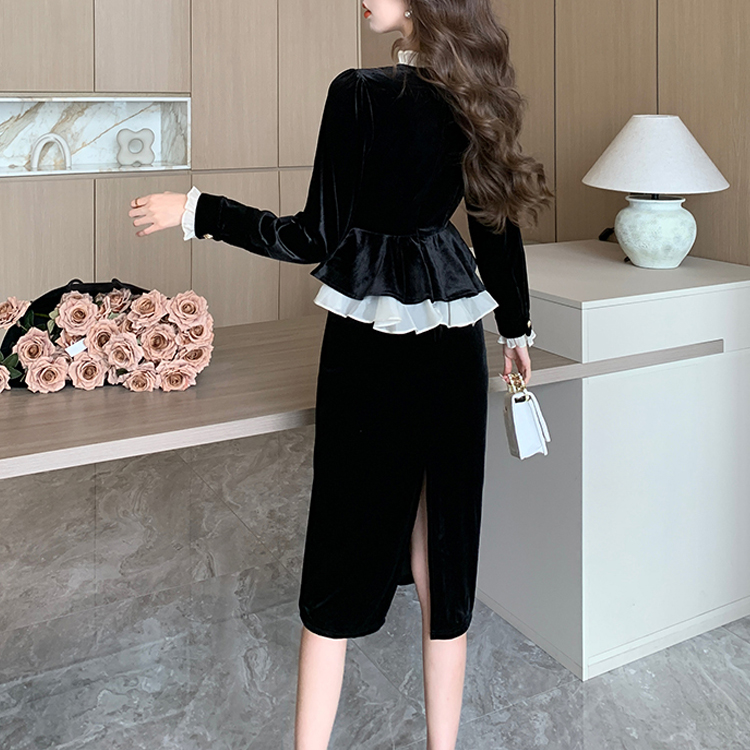 假兩件氣質金絲絨高腰拼接連衣裙