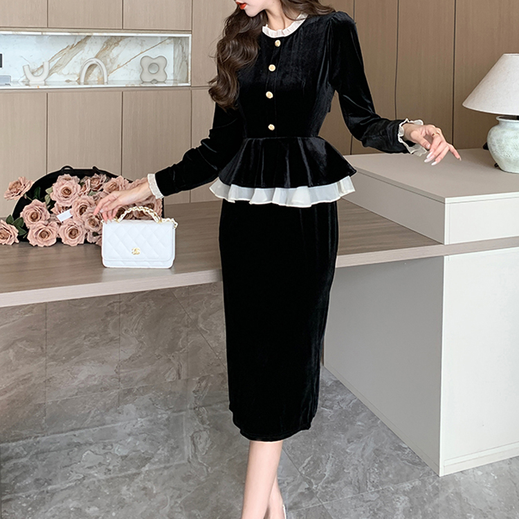 假兩件氣質金絲絨高腰拼接連衣裙