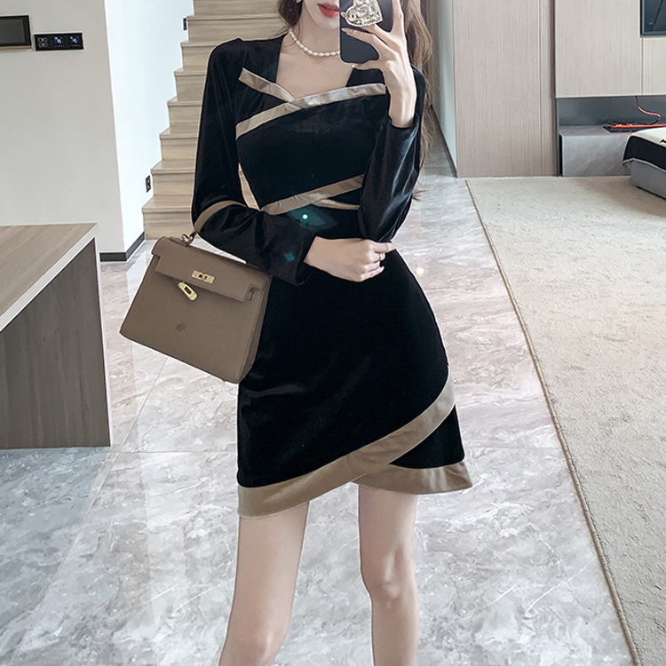 撞色領金絲絨優雅顯瘦連衣裙（長or短）