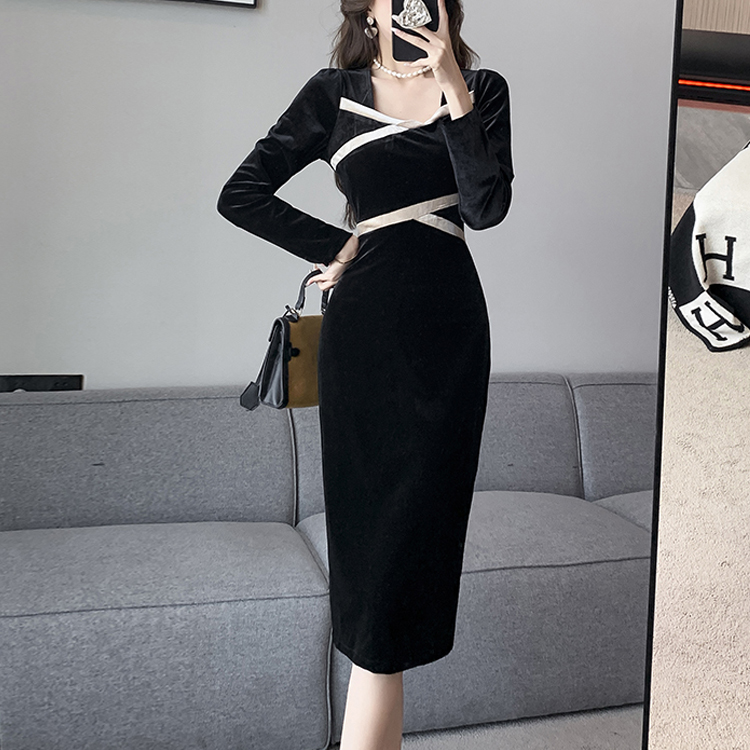 撞色領金絲絨優雅顯瘦連衣裙（長or短）