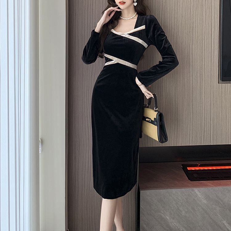 撞色領金絲絨優雅顯瘦連衣裙（長or短）