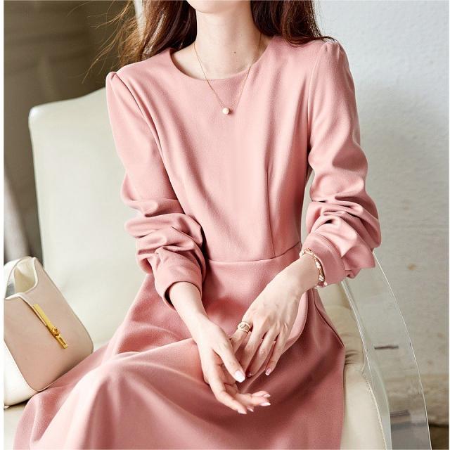 氣質圓領收腰泡泡袖A字洋裝