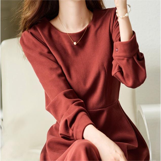 氣質圓領收腰泡泡袖A字洋裝