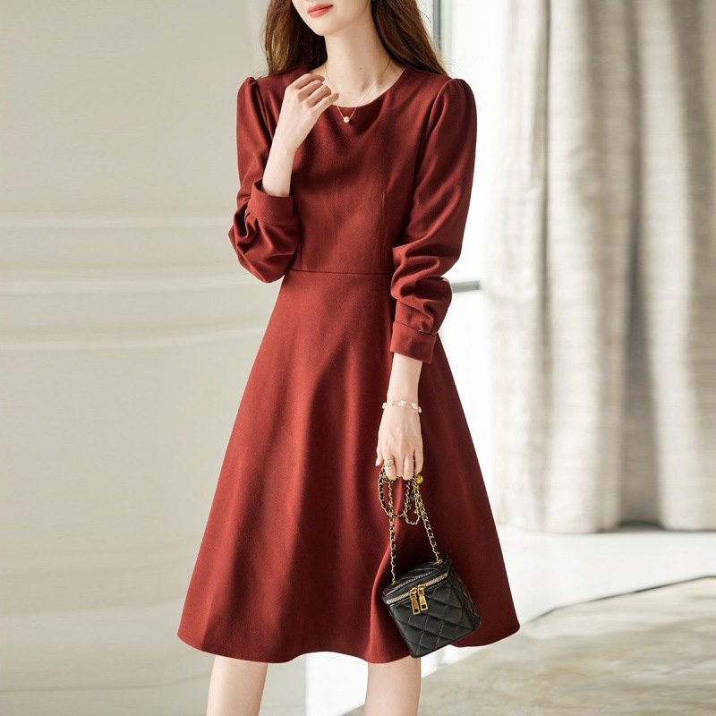 氣質圓領收腰泡泡袖A字洋裝