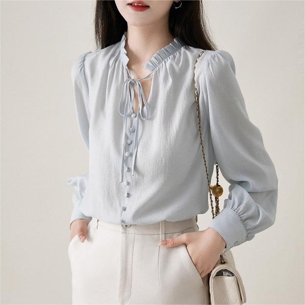 法式百搭純色木耳邊襯衫