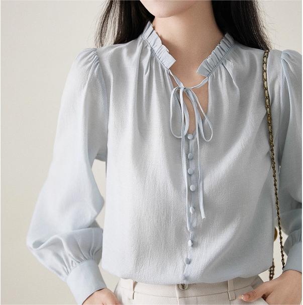 法式百搭純色木耳邊襯衫