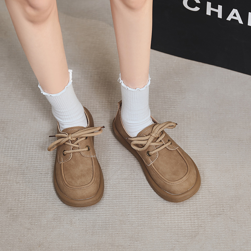 舒適純色繫帶圓頭博肯鞋