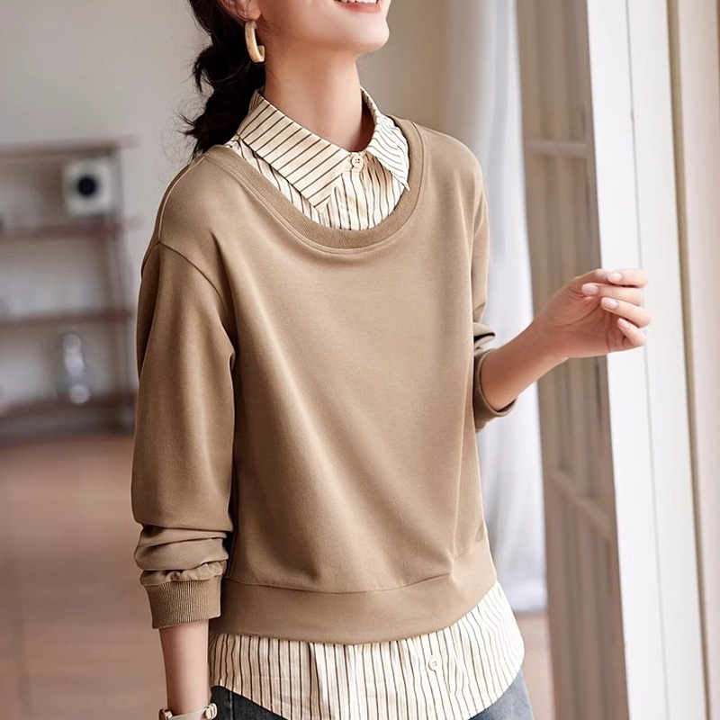 百搭假兩件條紋拼接襯衫領衛衣