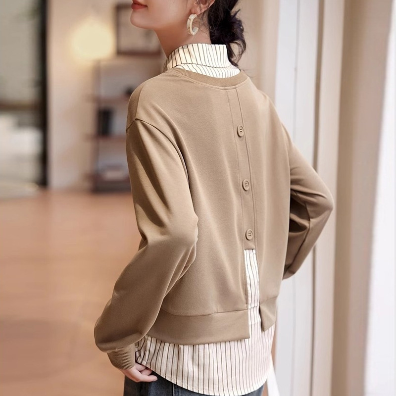 百搭假兩件條紋拼接襯衫領衛衣