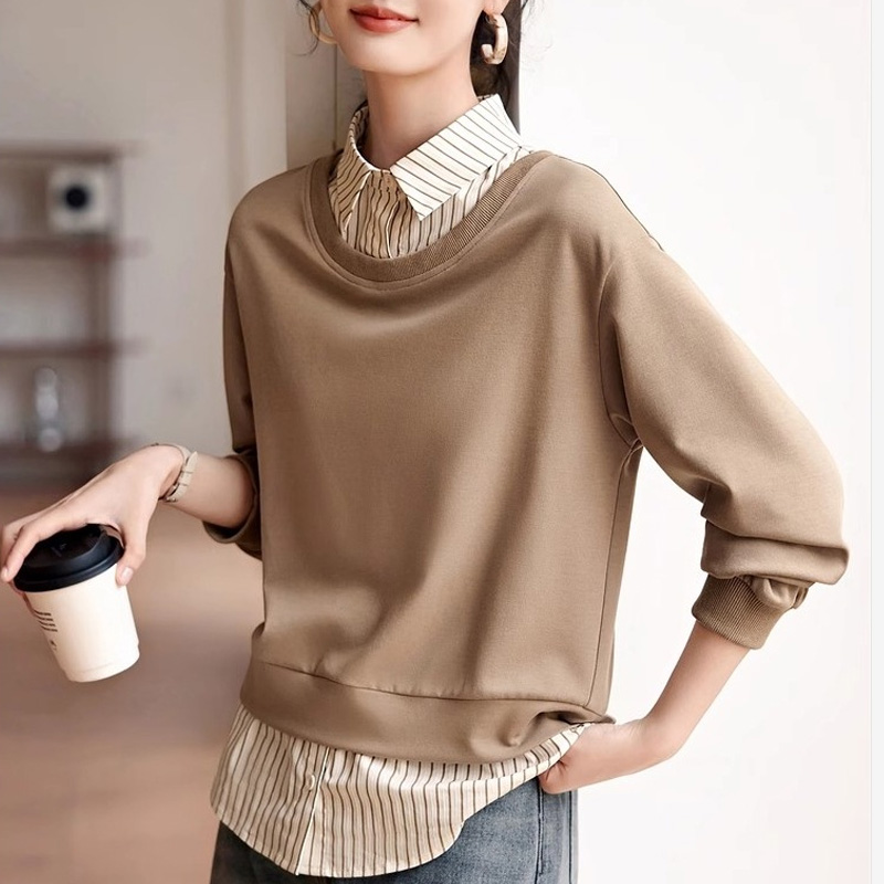 百搭假兩件條紋拼接襯衫領衛衣