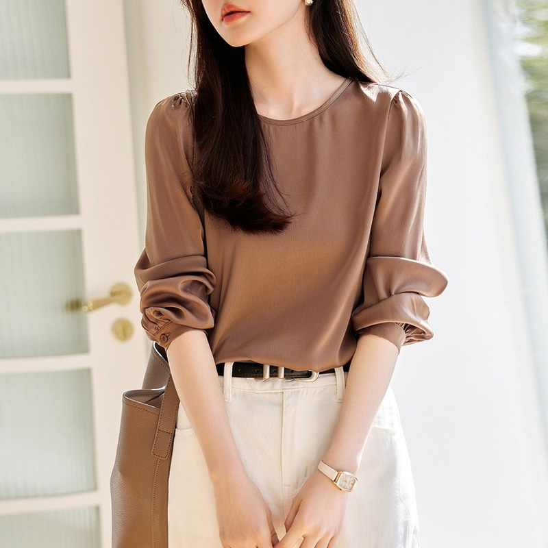 氣質簡約細褶圓領鍛面襯衫