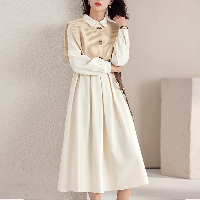 法式甜美翻領收腰連身裙