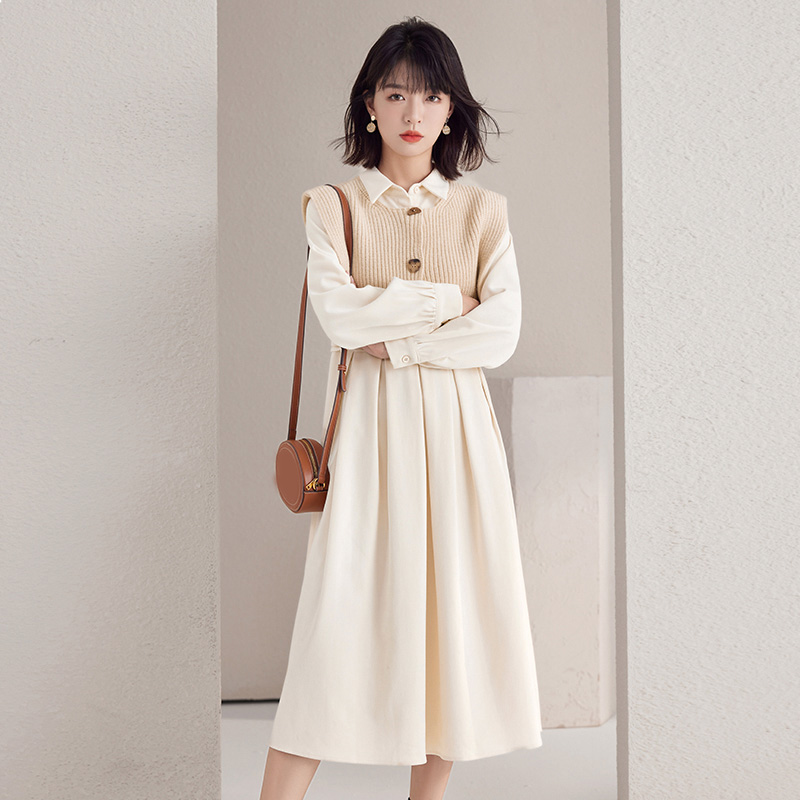 法式甜美翻領收腰連身裙