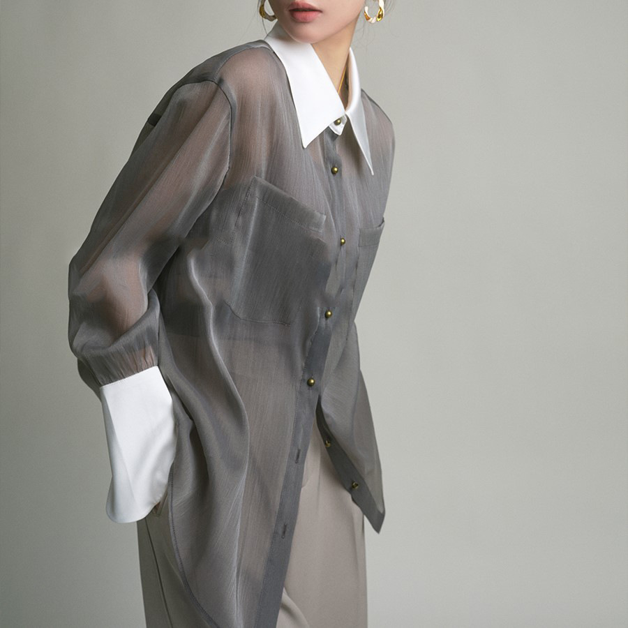 法式撞色翻領防曬襯衫（附吊帶）