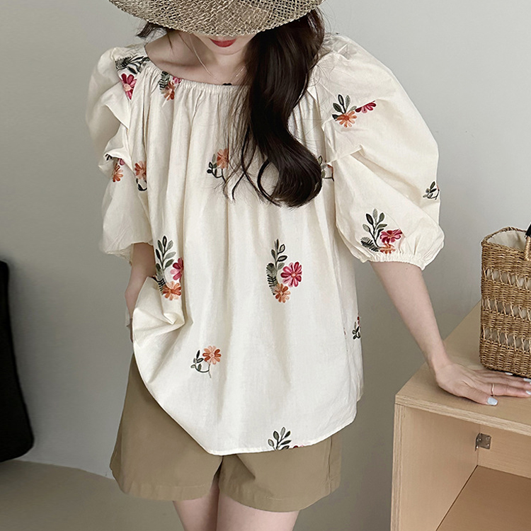韓系繡花氣質甜美優雅泡泡袖襯衫