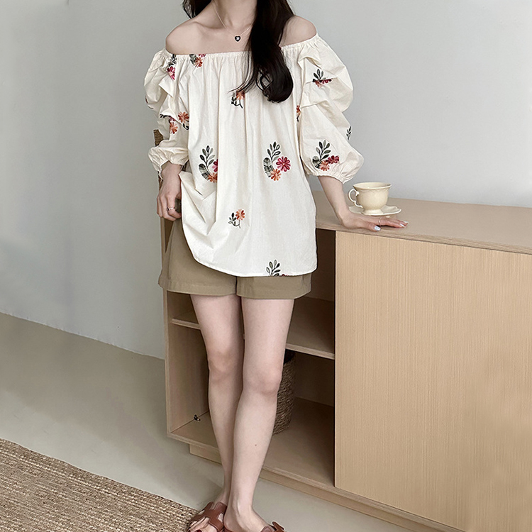 韓系繡花氣質甜美優雅泡泡袖襯衫