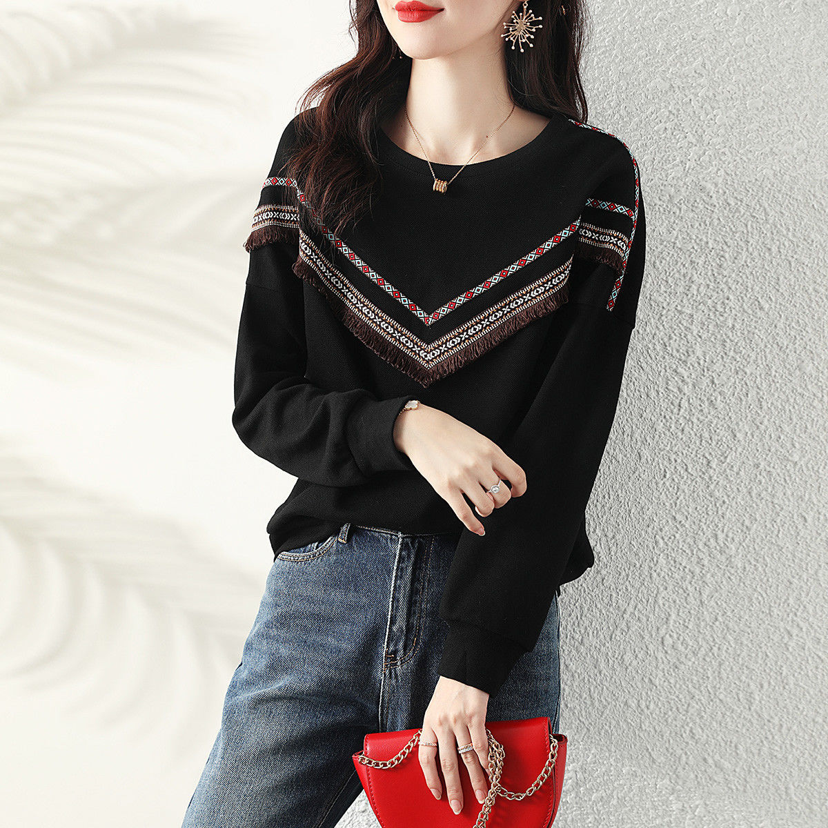 時尚撞色圓領流蘇衛衣